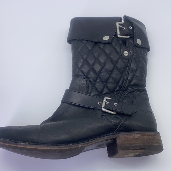 Ugg - Conor Oiled Black Leather Quilted with Silver Detail Biker Boot Size 10 - Picture 11 of 16